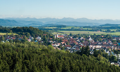 View of Leutkirch im Allg&auml;u and the German Alps