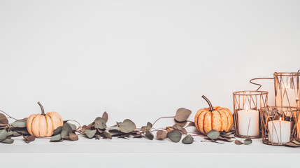 Minimalist fall decor with pumpkins, candles, and eucalyptus on a white mantel with copy space