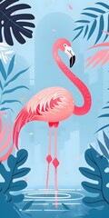 Fototapeta premium Pink Flamingo Bird Illustration With Tropical Leaves