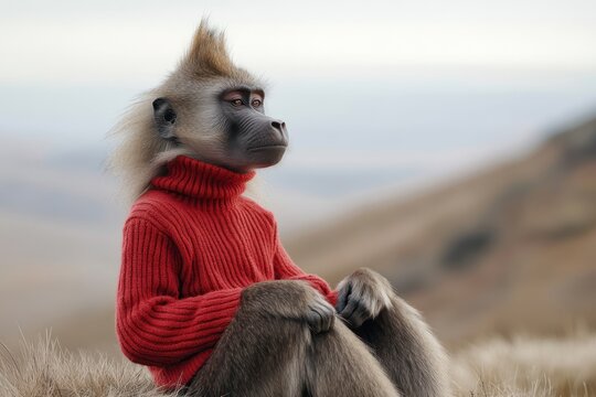 A baboon wearing a red sweater, sitting on a mountainside, looking out into the distance