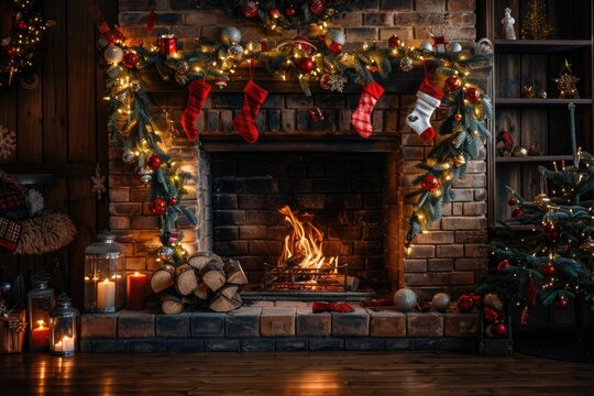 Cozy Christmas background with a roaring fireplace and decorated mantle