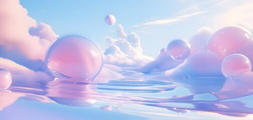 3D render of pastel blue, pink spheres floating in the air above an icy lake
