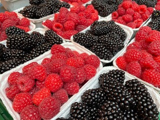 Boxes of raspberries and blackberries