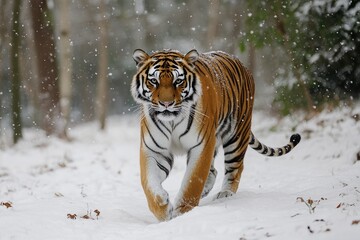 Obraz premium A tiger gracefully walking through snowy woods with generative ai