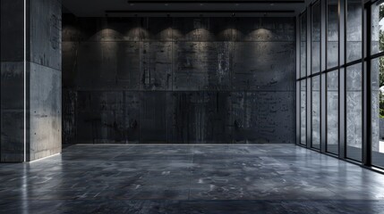 Fototapeta premium Industrial Concrete Interior with Large Windows and Spotlights