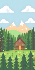 Cabin in the Forest Landscape Illustration