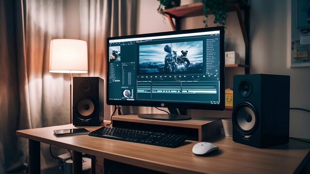High-end video editing setup with dual monitors and speakers in a well-organized and modern workspace