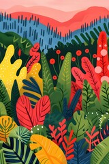 Naklejka premium Colorful Tropical Illustration with Red and Yellow Leaves