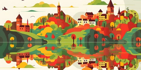 Fototapeta premium Autumn Landscape with Town Reflection in Water
