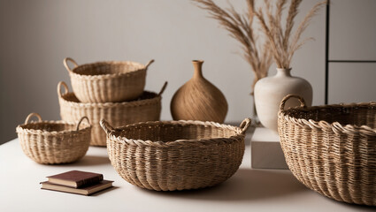 Subtle Texture of Woven Straw Baskets Highlighting Craftsmanship and Simplicity