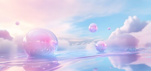 3D render of pastel blue, pink spheres floating in the air above an icy lake