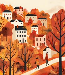 Autumn Landscape With Couple Walking Through Village