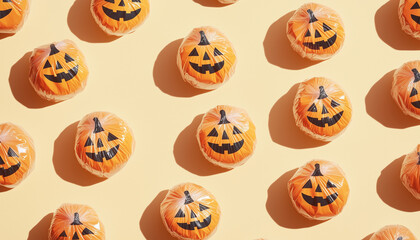 Halloween candy pattern with jack o lantern wrapping against beige background