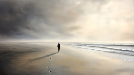 A lone figure walking on a misty beach at dawn hazy horizon, sof