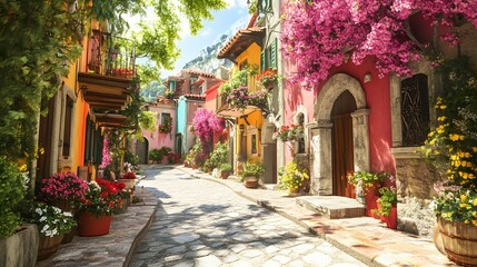 163. "A picturesque 3D render of a traditional Mediterranean village with colorful buildings, narrow streets, and vibrant flowers