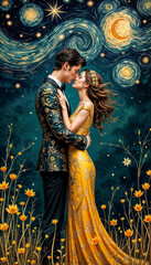 A couple in a golden suit and dress pose for a kiss on a flower field with a background of a starry night sky.