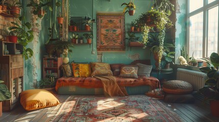 Bohemian Living Room with Sofa, Plants, and Sunlight