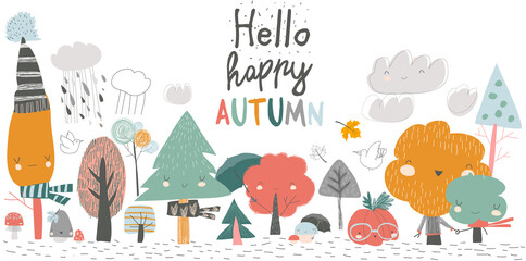 Colorful autumn trees. Cartoon yellow orange autumn tree on white background