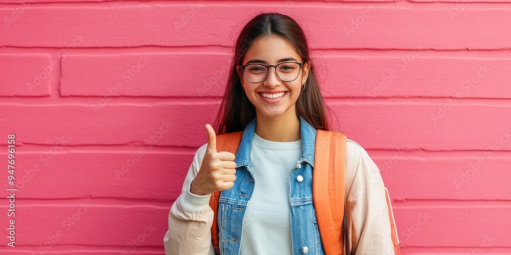 Wall mural Happy indian female student wearing glasses showing thumbs up sign gesture