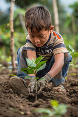 happy kids playing in the lawn, digging a hole, children happily playing outside in a garden. They are both smiling as they dig into the soil with small trowels.