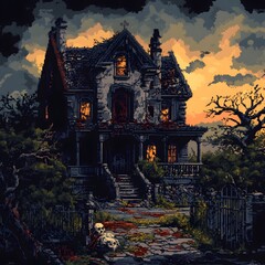 Obraz premium Haunting Pixel Art Depiction of a Cursed,Dilapidated Mansion with Sinister Shadows and Ghostly Apparitions