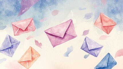 Envelope with intricate watercolor patterns, floating in space, soft lighting, watercolor style