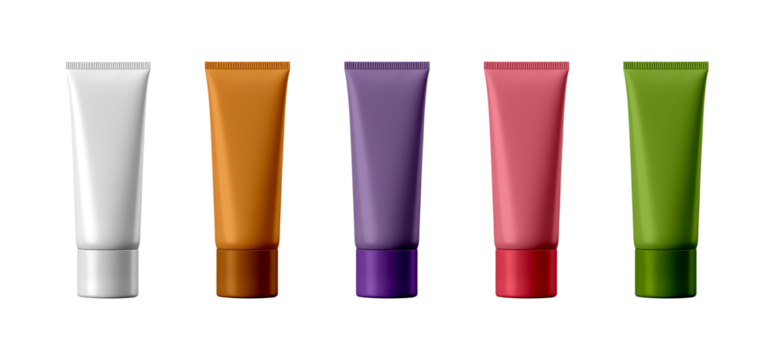 white, orange, purple, pink, green color cosmetic tube set isolated background