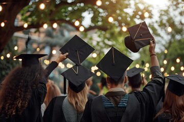 Youth having high hopes. Back view of group of university graduates standing in row holding up black academic caps. Confident college students together tossing hats in air at graduation party
