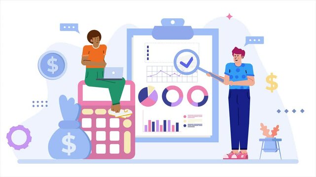 Two individuals engaged in financial analysis showcasing charts graphs and tools illustration business animated video