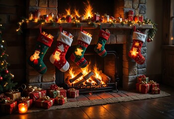 Fototapeta premium A close-up of Christmas stockings hanging on a fireplace, filled with small gifts and illuminated by the warm glow of a fire