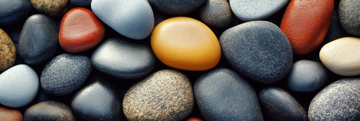 A close up view of Vibrant and Colorful smooth River Pebbles and Stones Background