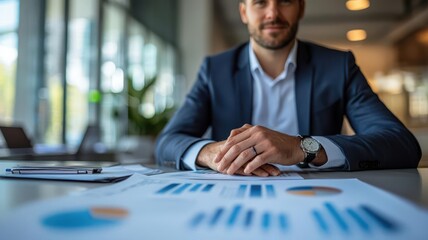 ESG consultant advising on ethical investment portfolios, financial reports in background, sleek office environment