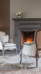 Two chairs and sofa near fireplace.  French country interior design of modern living room.