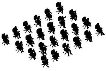 Set with silhouette of people sitting in chairs in different positions isolated on white background. Men, women and children sitting in chairs. Isometric view. Vector illustration.