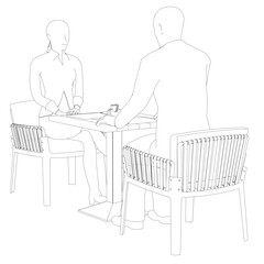 Outline of man and woman sitting on chairs opposite each other at the table. Job interview. Perspective view. Vector illustration. 3D