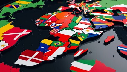 3D map of the world with countries represented by their respective national flags. 
