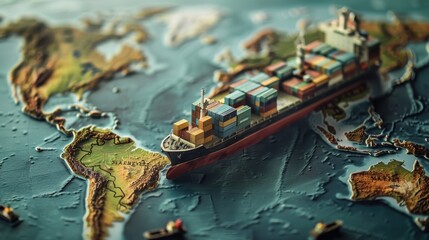 Toy Container Ship on a 3D World Map