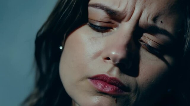 Young woman with long brown hair is frowning and expressing sadness