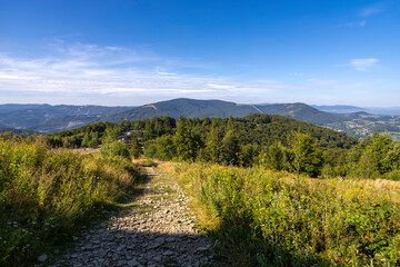 Mountainous mountain landscape on a hot summer day in late summer