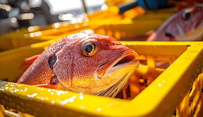 Close-up of a red snapper fish in yellow crates on a fishing boat at sea. Photo-realistic, wide-angle lens.