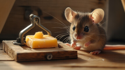 Fototapeta premium A mouse trying to get the cheese from the mousetrap and a baby mouse looking at it from the edge. --ar 16:9 --v 6.1 Job ID: 995180d9-3728-4e58-94ba-67c35d1a6dc4
