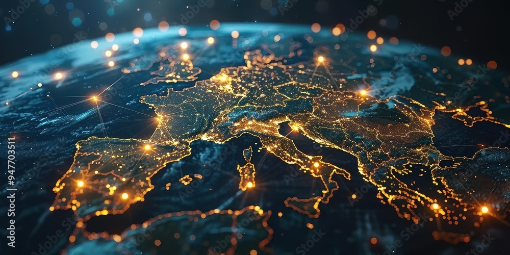 Poster a nighttime view of europe with illuminated cities and network connections