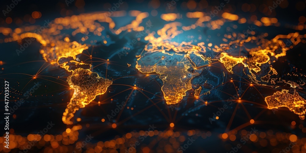 Poster illuminated world map with interconnected lines