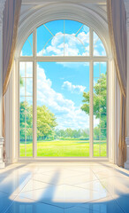 Fototapeta premium Large arched window overlooking green field in luxurious room