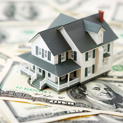 Miniature house model sitting on hundreds of dollar bills suggesting real estate investment, purchase or sale