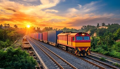 Fototapeta premium Freight Train Traveling Through Lush Forest at Sunset