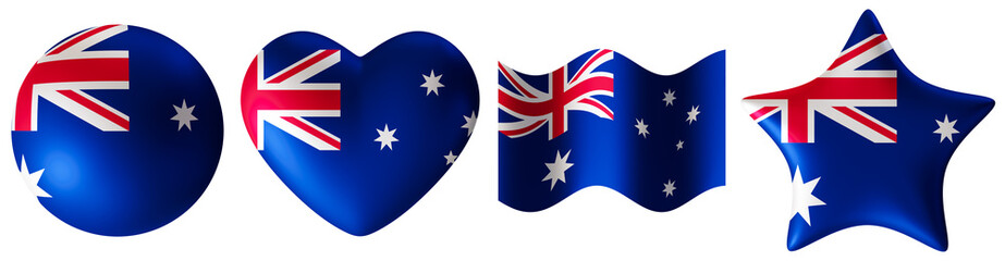 Set of Australia flags in various shapes, on transparent background. Cut out design elements. Perfect for patriotic themes or national event promotions. Group of symbols. Heart, star. 3D render.