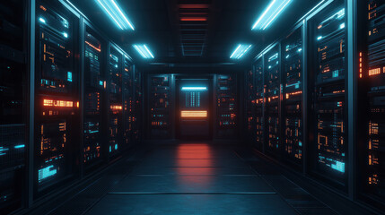 A futuristic server room with glowing blue and orange lights, creating a moody and mysterious atmosphere.