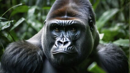 A big gorilla looks sullenly at someone, close-up