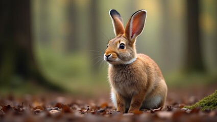 Fototapeta premium a rabbit is sitting in the leaves of a forest.